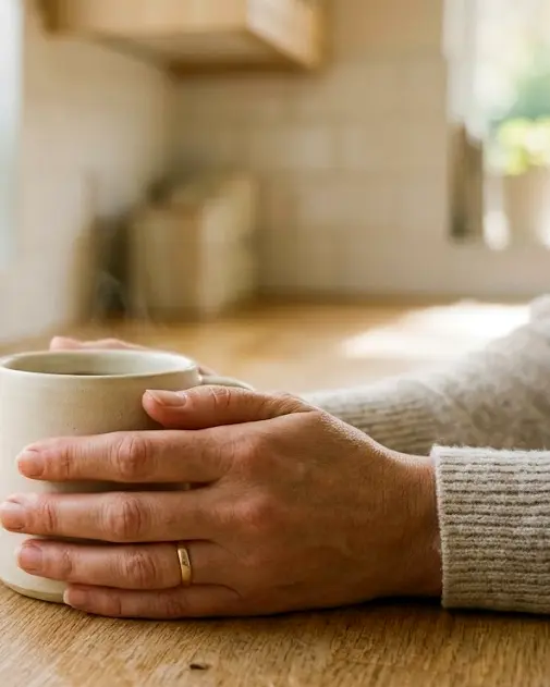 An adult holding a mug at a kitchen counter