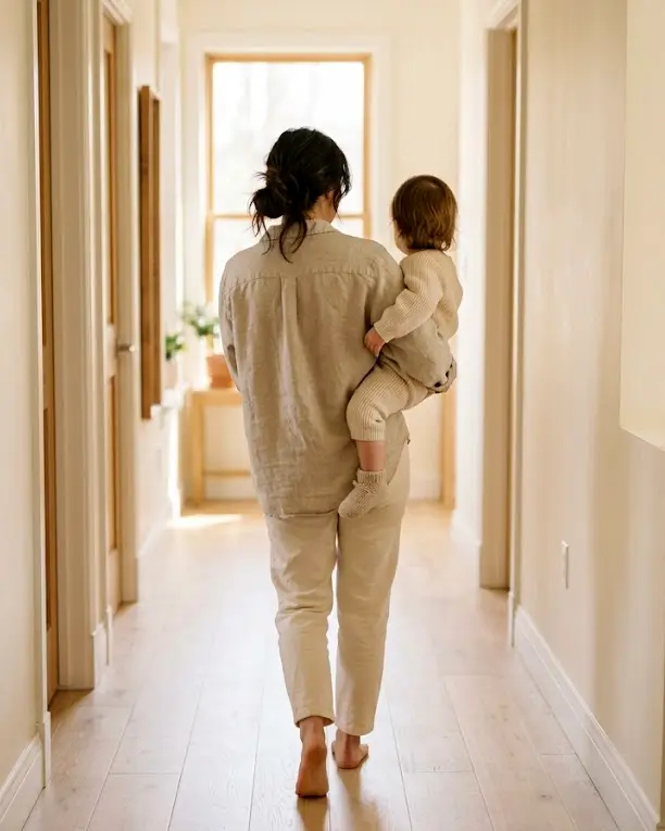 A parent carrying a toddler down a sunlit hallway